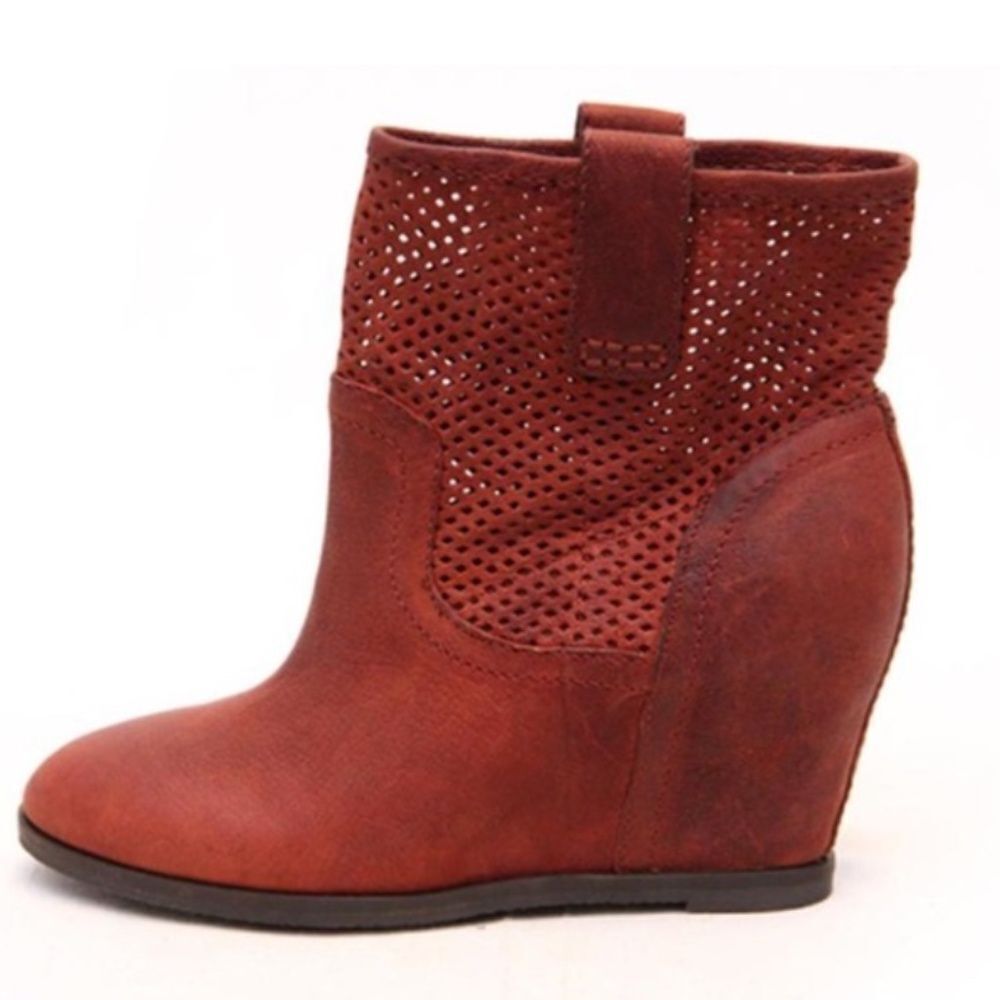 LUCKY Brand Keno Perforated Dark Camel Suede Leather Wedge Bootie (7)